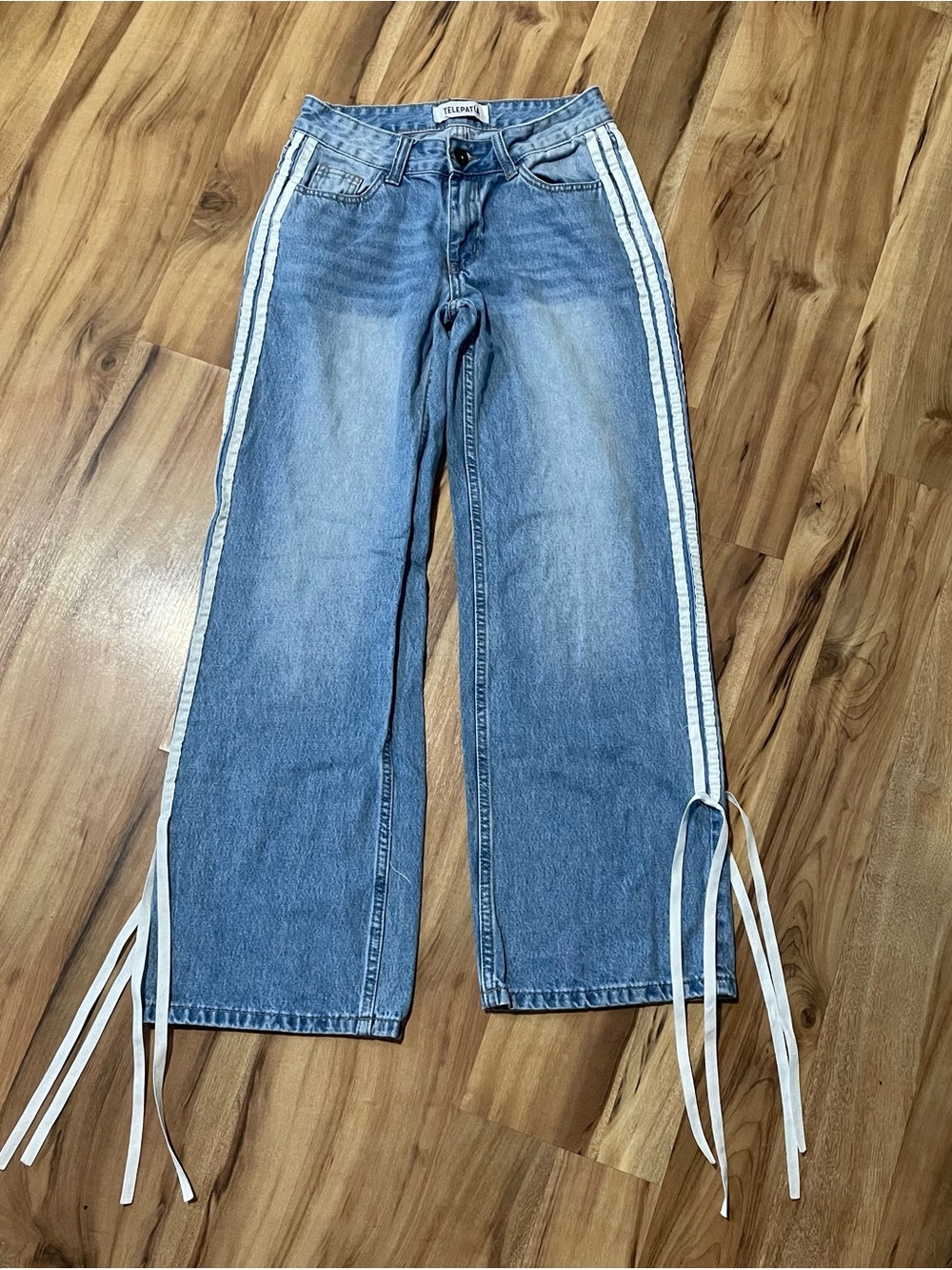 Telepatia Side Stripe Wide Leg Denim Jeans Ribbon Bow Hem Streetwear Sz 0